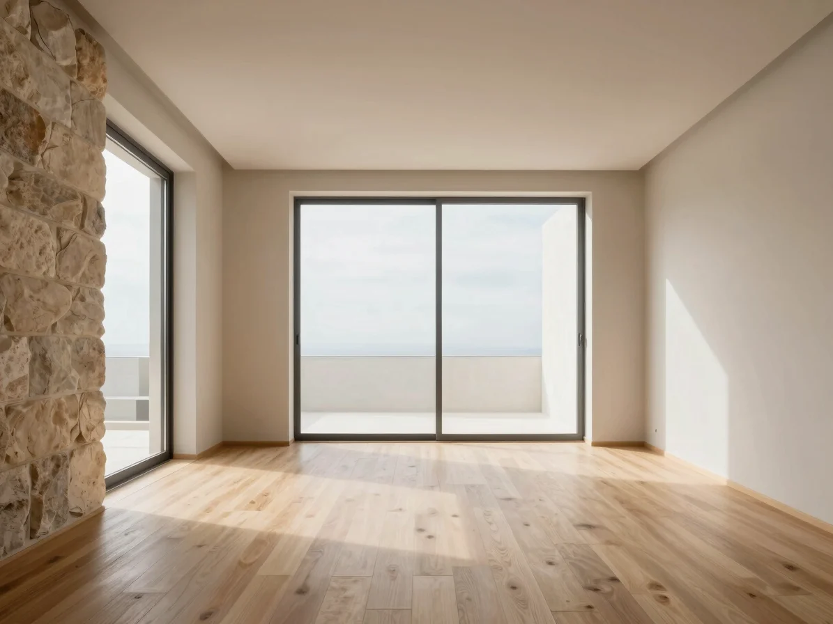 Interior de un salón minimalista con grandes ventanales y luz natural, paredes enlucidas y suelo de madera clara, textur