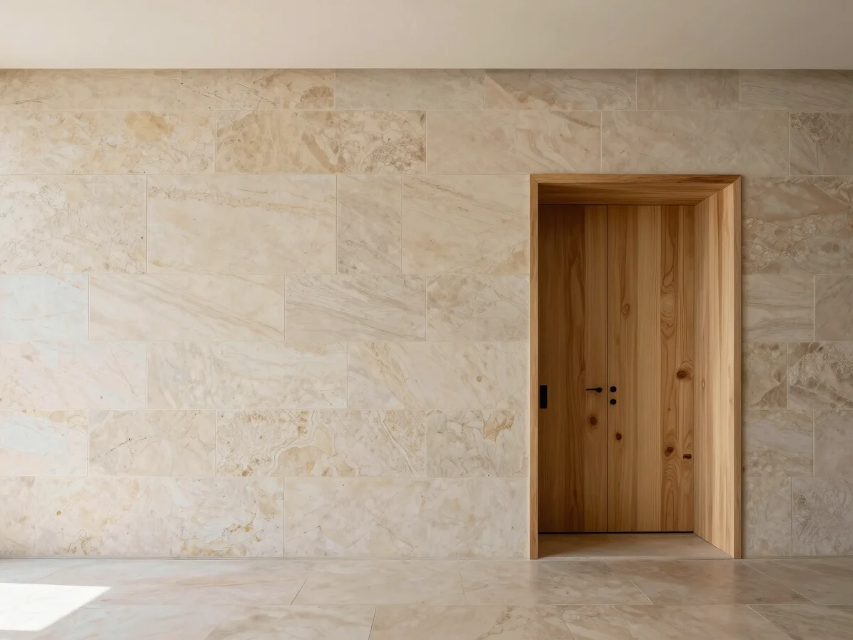 Detalle de encuentro de materiales: pared de piedra caliza y panel de madera clara, con entrada de luz natural suave, es