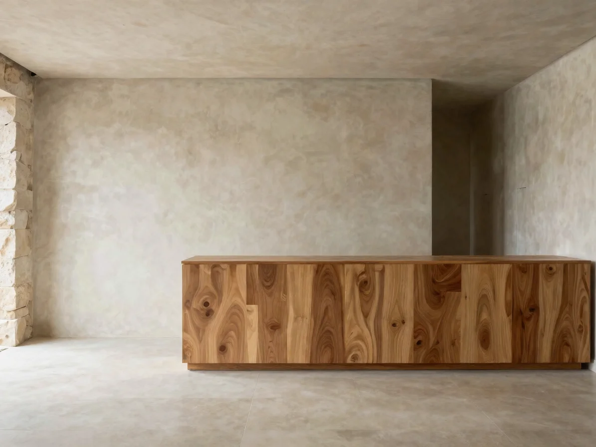 Primer plano de una superficie de microcemento pulido con un encuentro de madera de roble, luz natural incidiendo en la