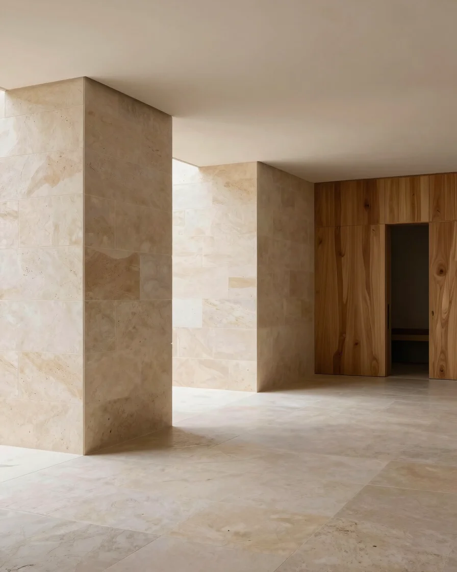 Wide architectural interior, minimalist, soft natural daylight, stone and timber textures, 35mm lens, crisp geometric co