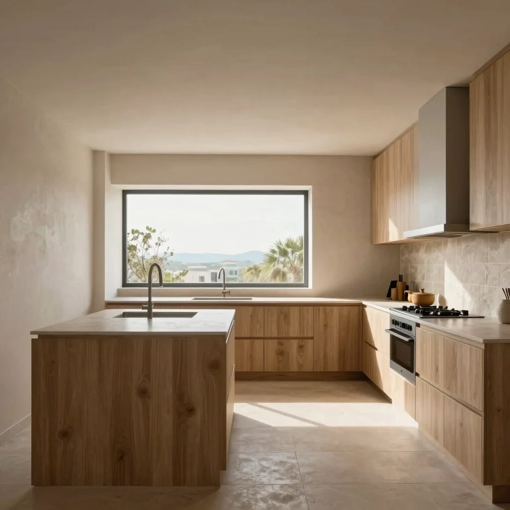 Architectural interior, modern kitchen, timber textures, warm neutral tones, natural light from large window, crisp geom