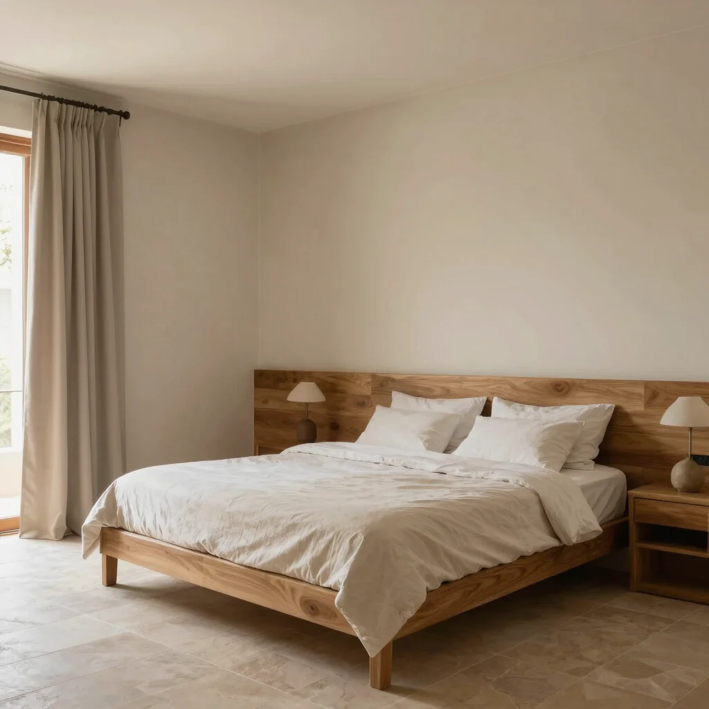 Dormitorio principal con cabecero de madera y textiles naturales, luz diurna tenue, composición limpia y serena, refleja