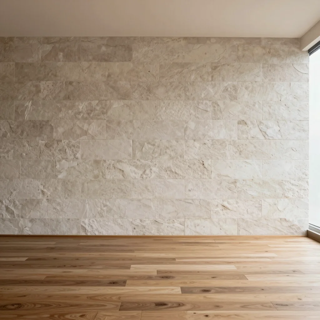 Pasillo con una pared texturizada de piedra y un suelo de madera, iluminación natural que resalta la materialidad, persp