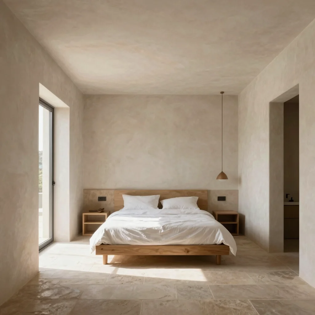 Architectural interior, serene bedroom, soft natural daylight, light plaster walls, minimalist design, Iberian Mediterra