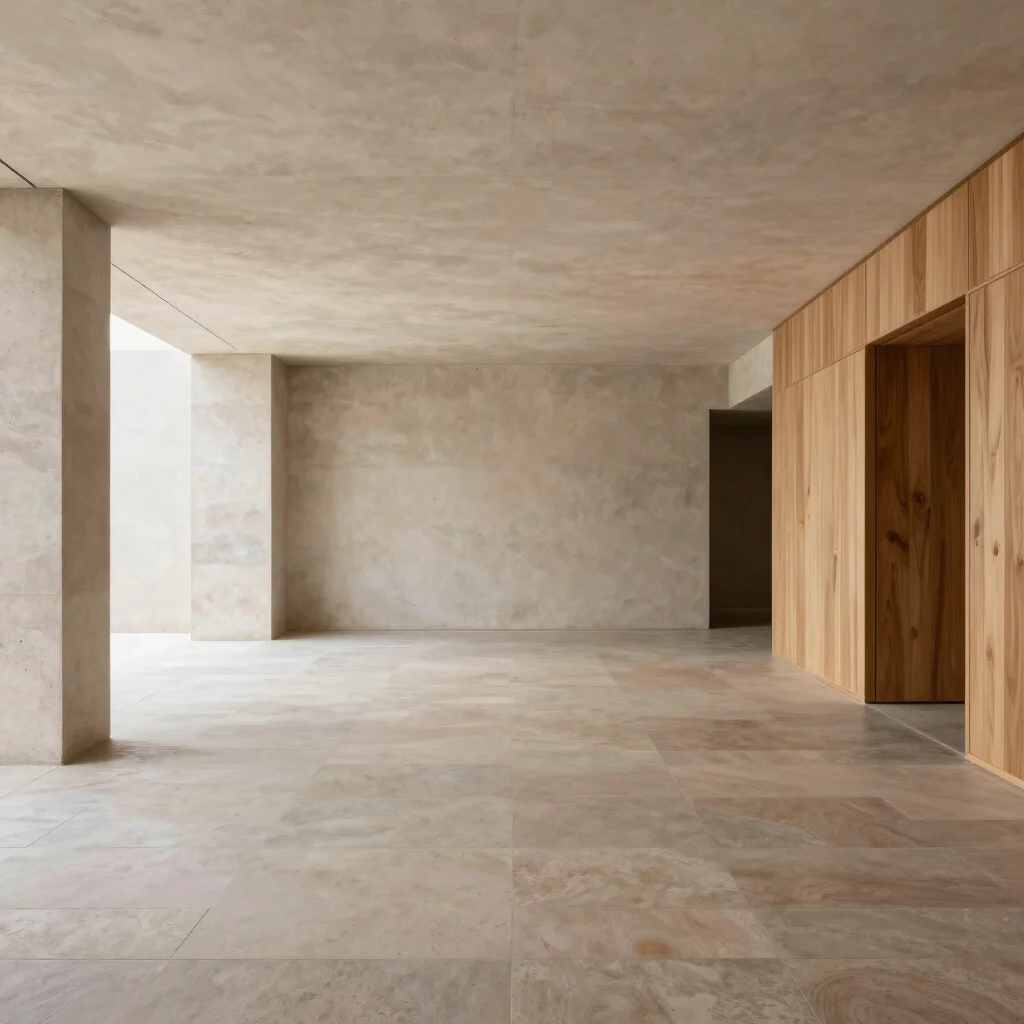 Architectural interior, commercial space, material encounter of wood and concrete, soft lighting, clean lines, Iberian M