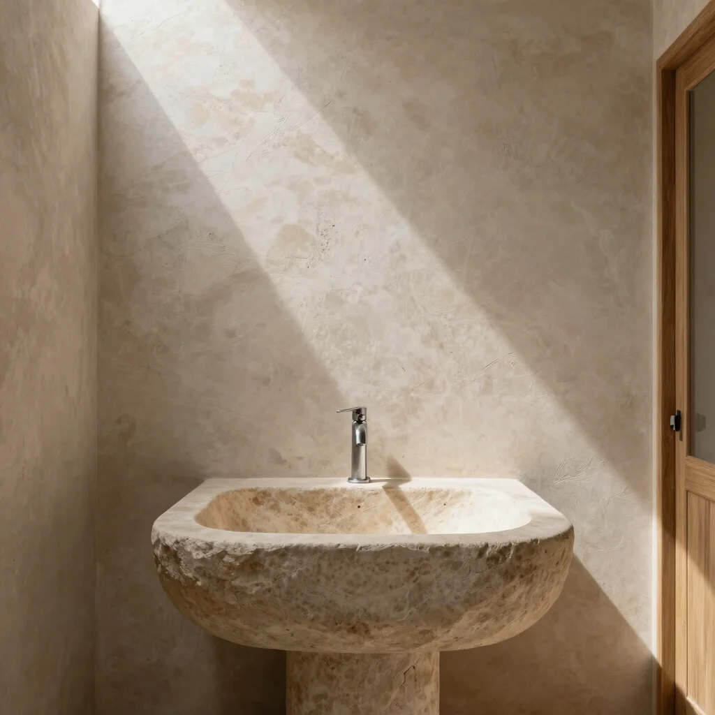 Architectural interior, bathroom detail, stone basin, natural light, textured wall, 35mm lens, Iberian Mediterranean sty
