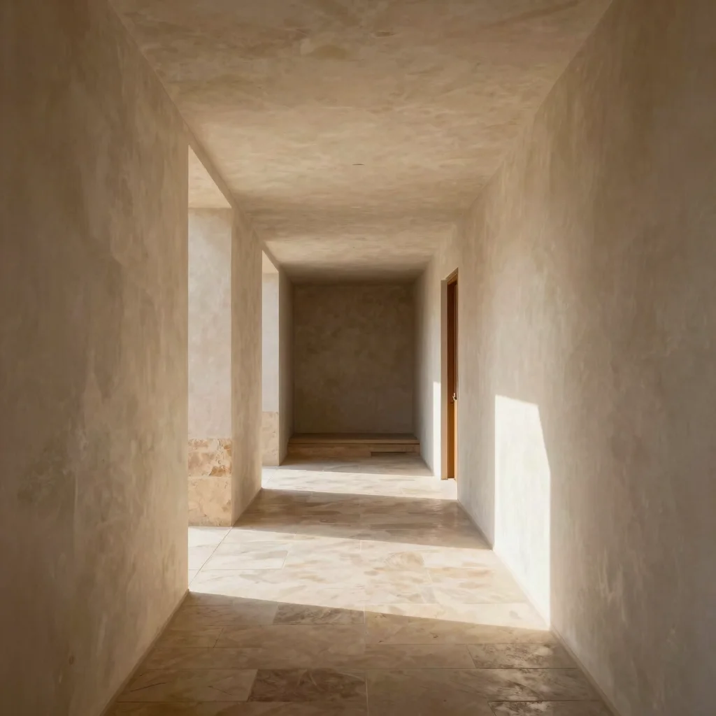 Architectural interior, hallway perspective, play of light and shadow, minimalist design, warm tones, Iberian Mediterran