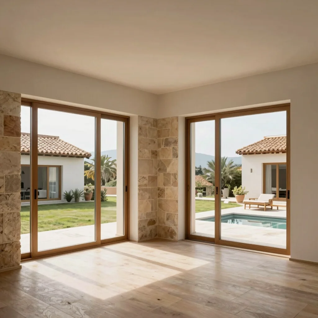 Interior de una vivienda unifamiliar moderna con grandes ventanales, luz natural suave, texturas de madera clara y piedr