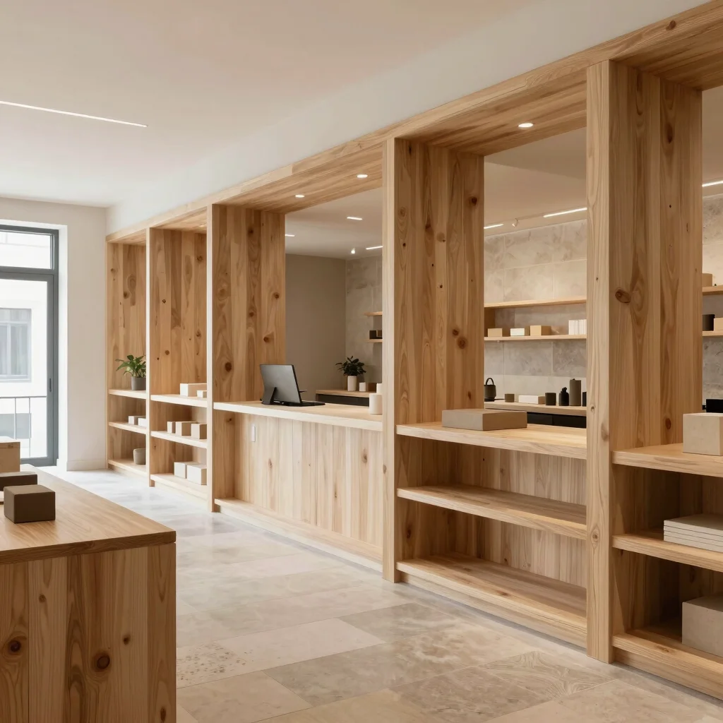 Detalle de un encuentro de materiales en un espacio comercial, madera clara y enlucido tradicional bajo luz diurna, pers