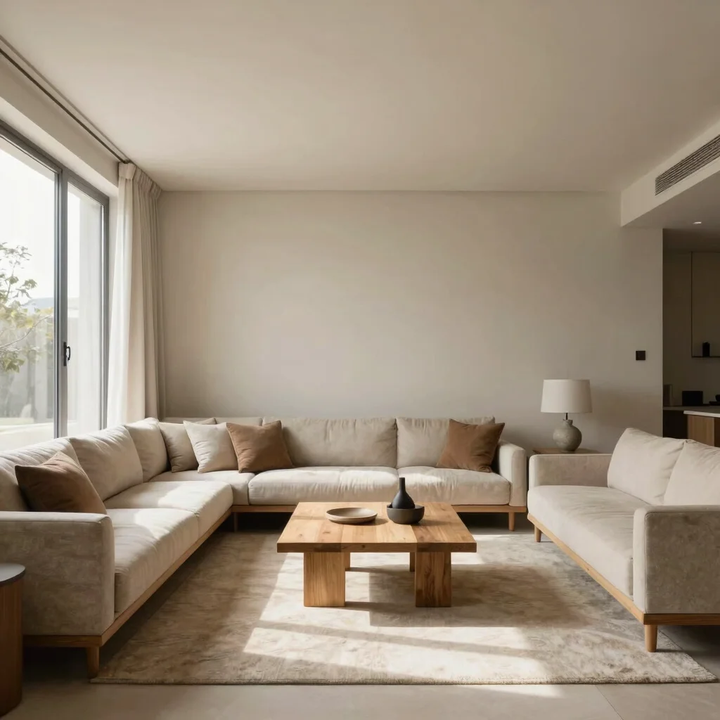 Vista general de una sala de estar minimalista con muebles de diseño, sombras suaves proyectadas por un ventanal, tonos