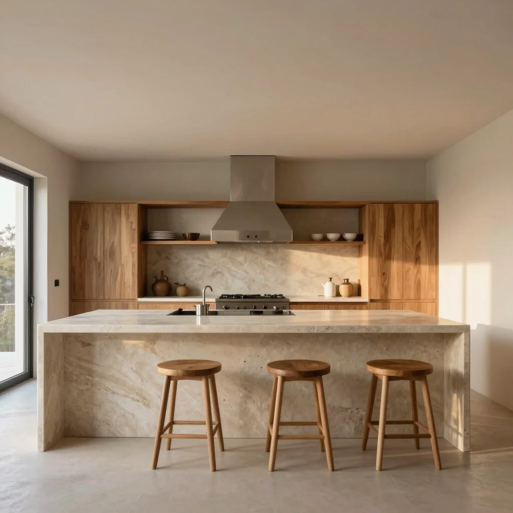 Cocina integrada en un espacio abierto, con encimeras de piedra y mobiliario de madera, luz de la tarde entrando, sin el