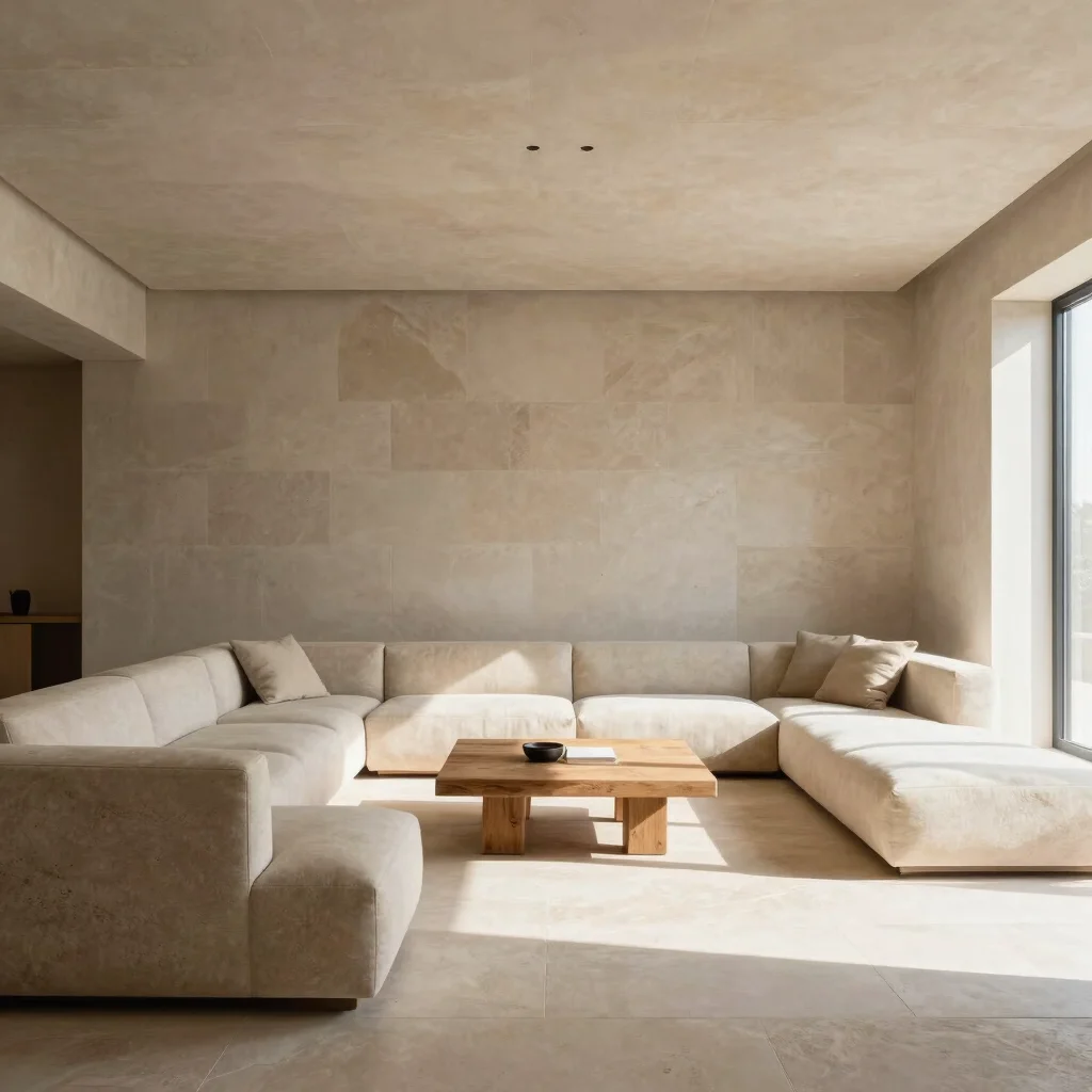 Architectural interior, minimalist living room, soft natural daylight, stone textures, clean geometric composition, Iber